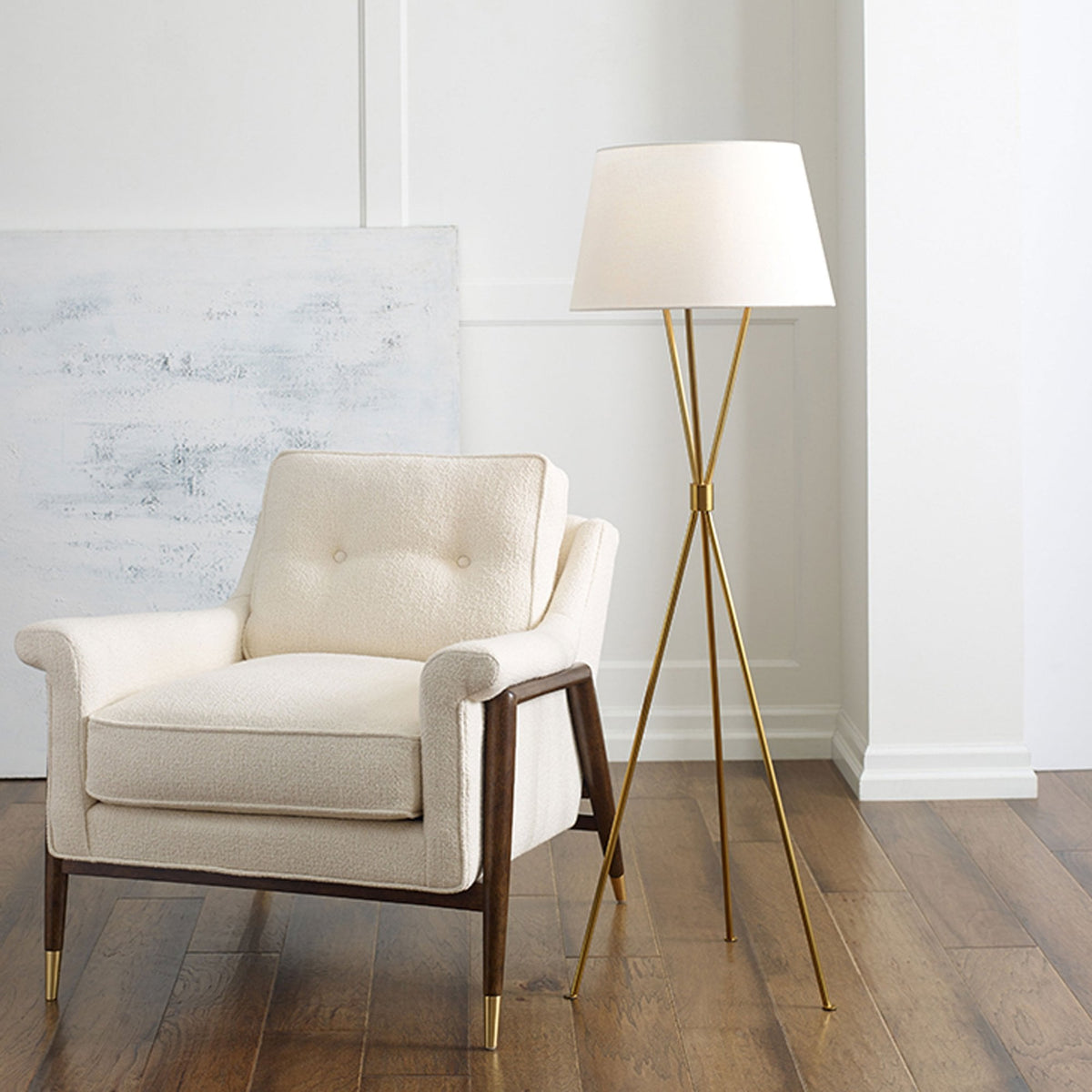 Penny Tripod Floor Lamp in Burnished Brass & White Linen Shade