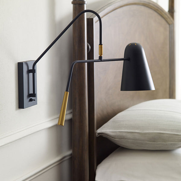Simon Task Oriented Wall Light in Midnight Black with Burnished Brass Accents