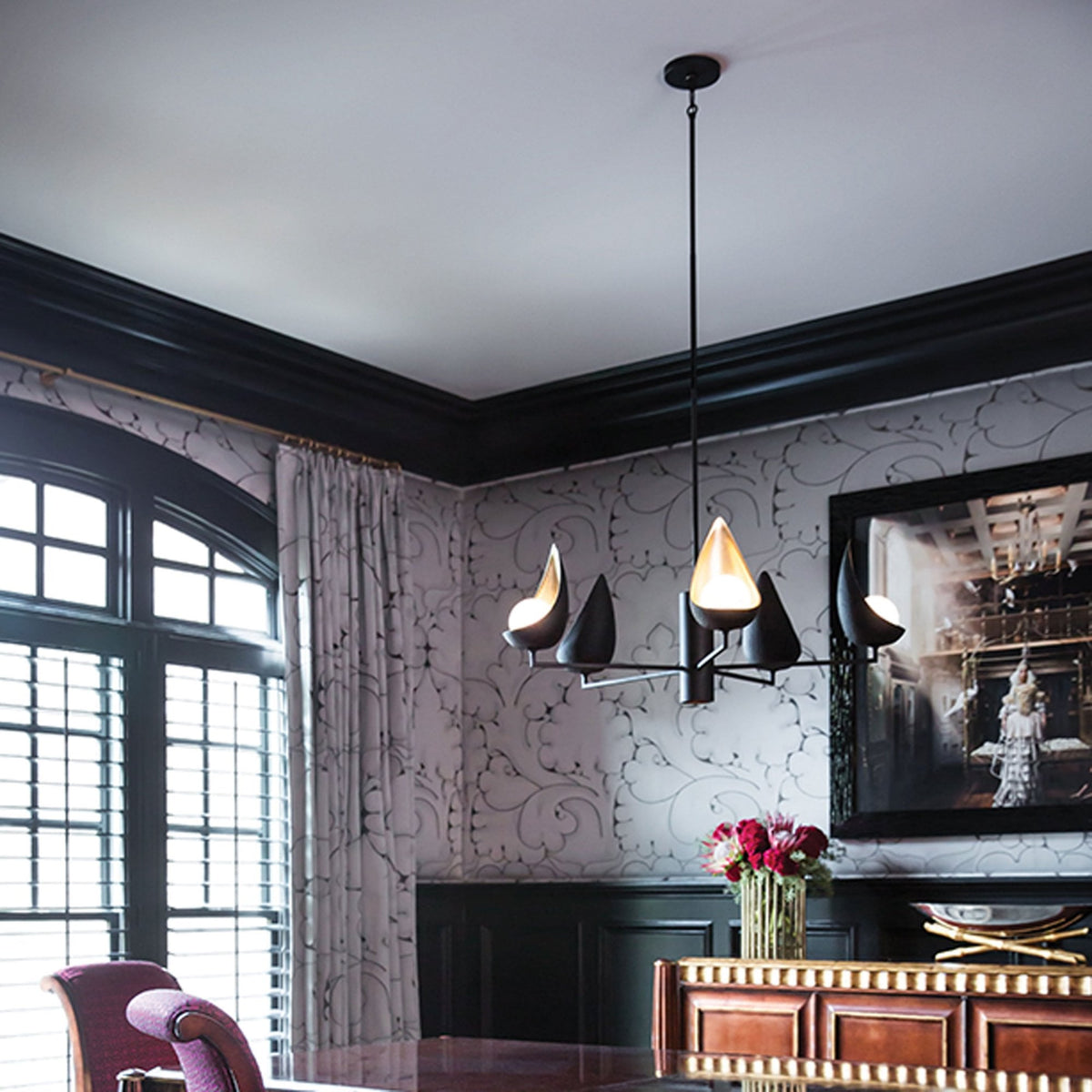 Ren Five Arm Six Light Chandelier in Black & Gold