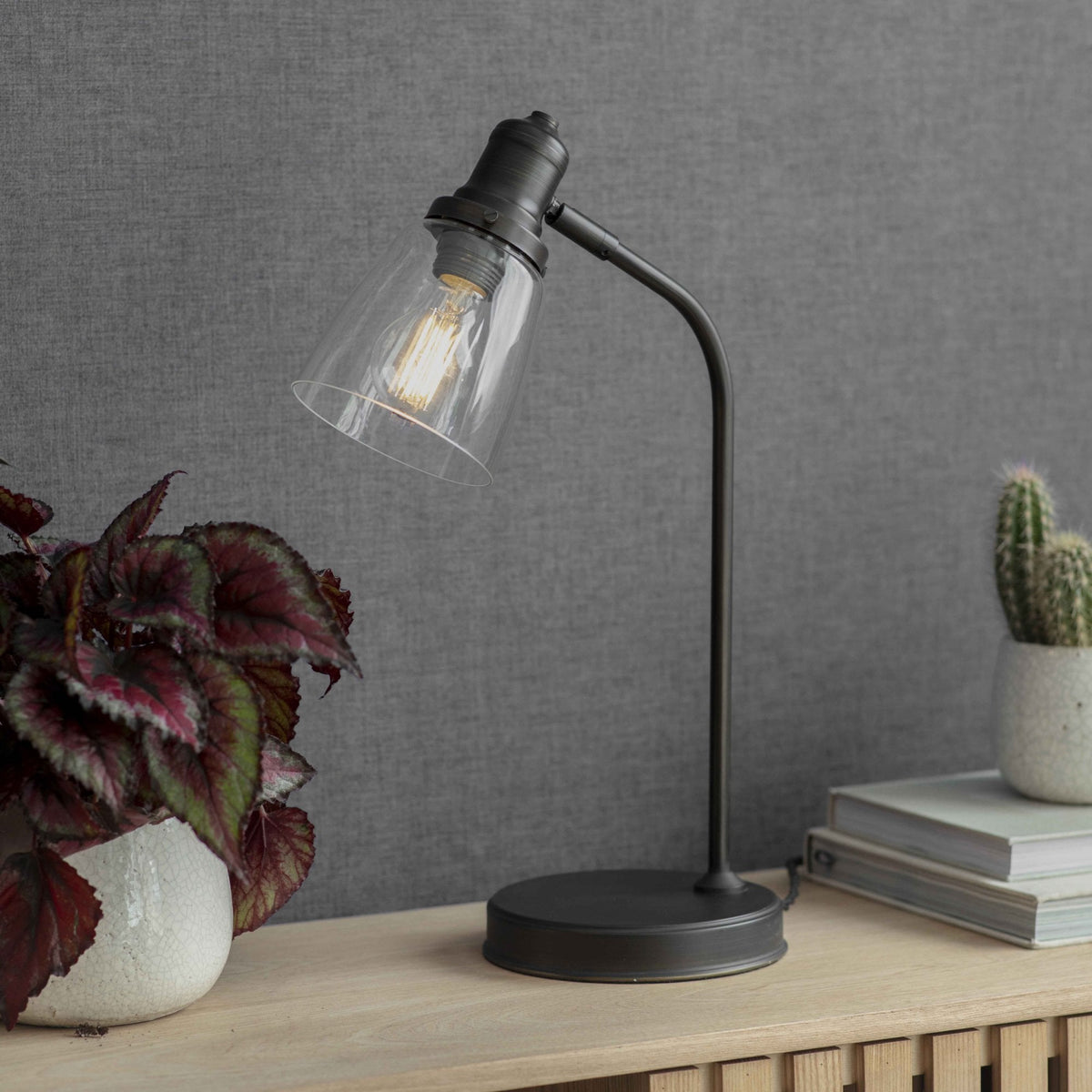 Industrial-style desk lamp with a clear glass shade and exposed bulb, next to a plant and books.