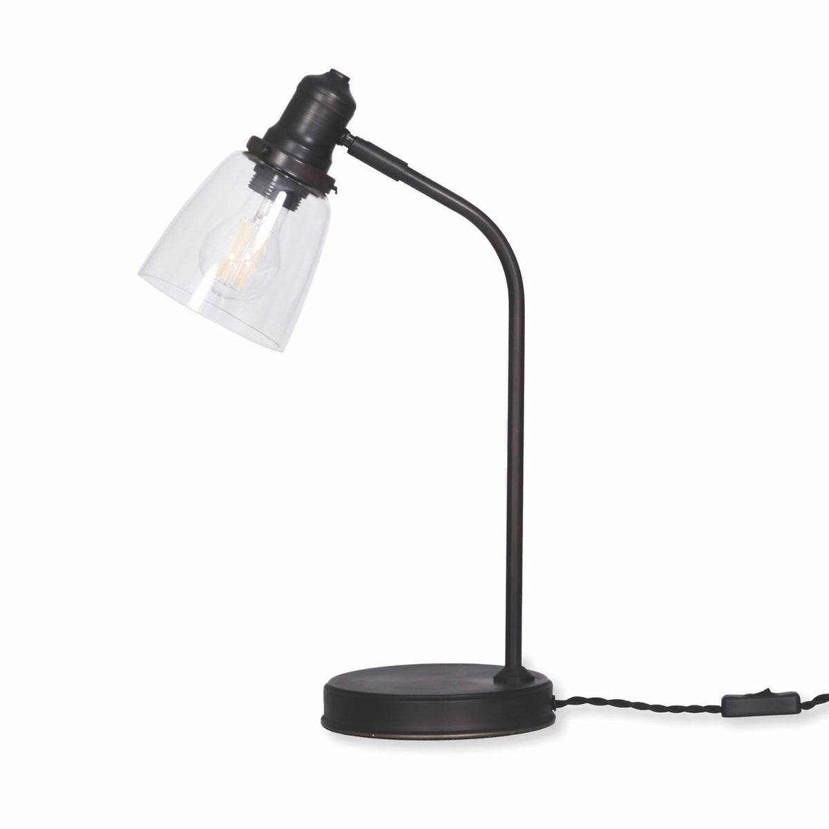 Industrial style desk lamp with a dark bronze finish, clear glass shade, and an exposed Edison bulb.