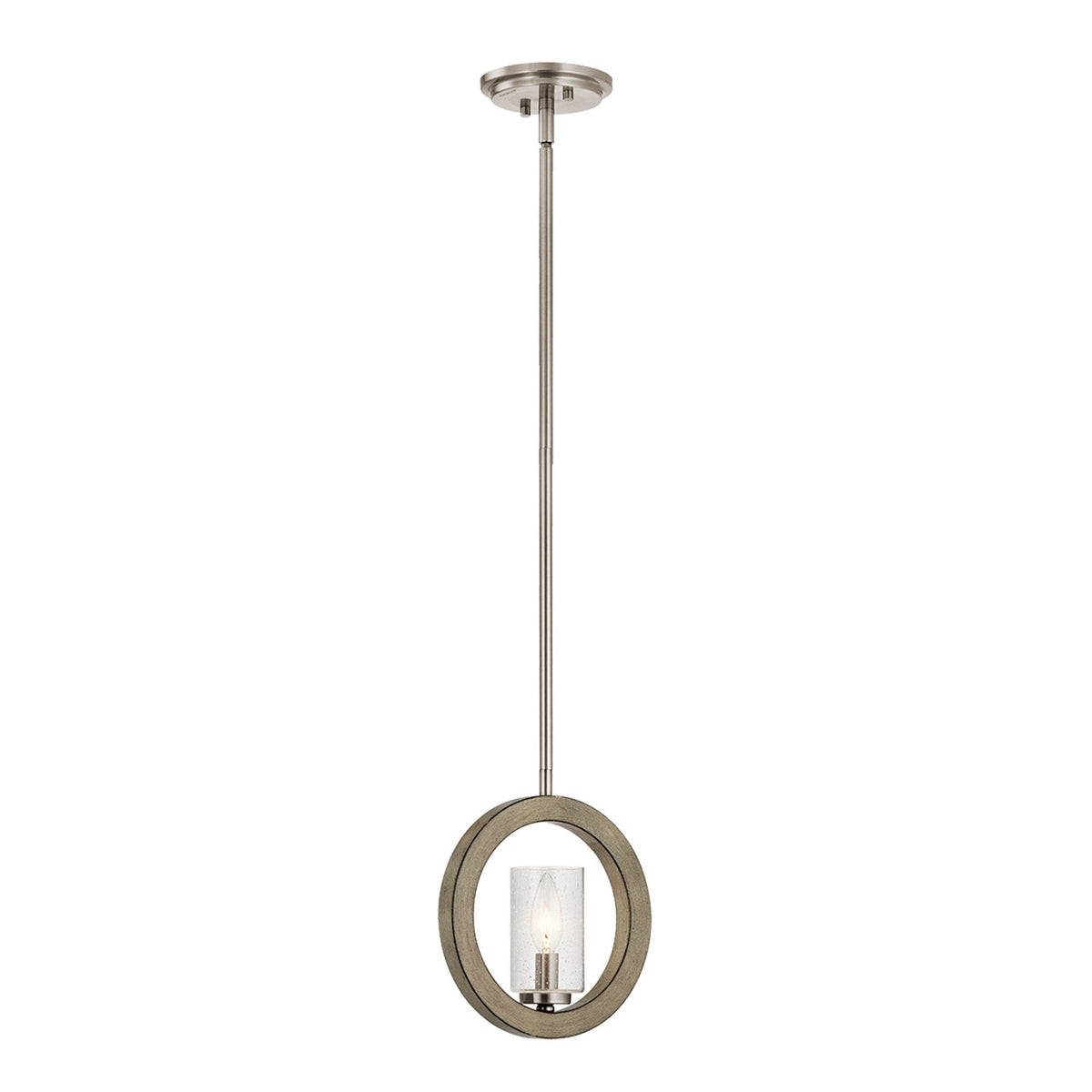 A contemporary pendant light with a brushed nickel finish and a weathered wood ring.