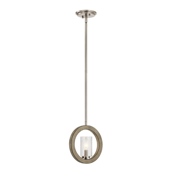 A contemporary pendant light with a brushed nickel finish and a weathered wood ring.