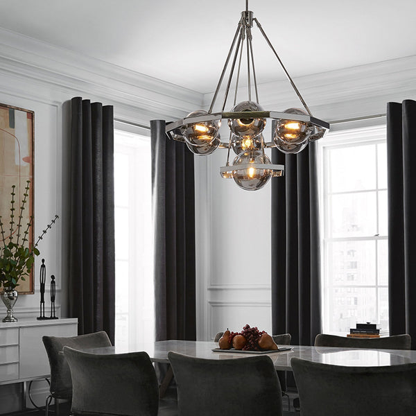 Harper Seven Light Chandelier in Polished Nickel & Smoked Glass
