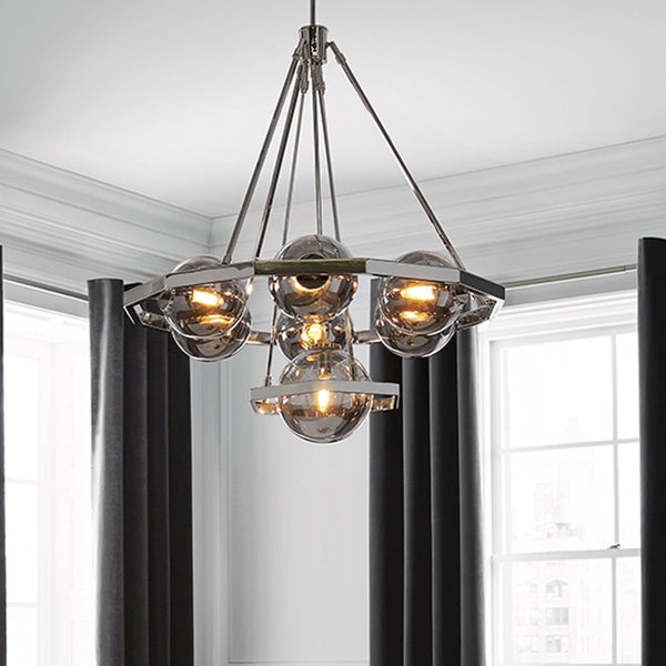 Harper Seven Light Chandelier in Polished Nickel & Smoked Glass