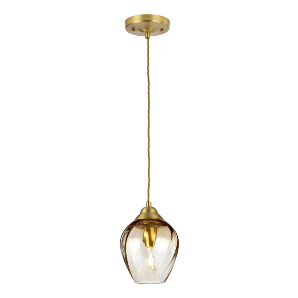 Tiber Single Pendant in Brushed Brass with Amber Glass