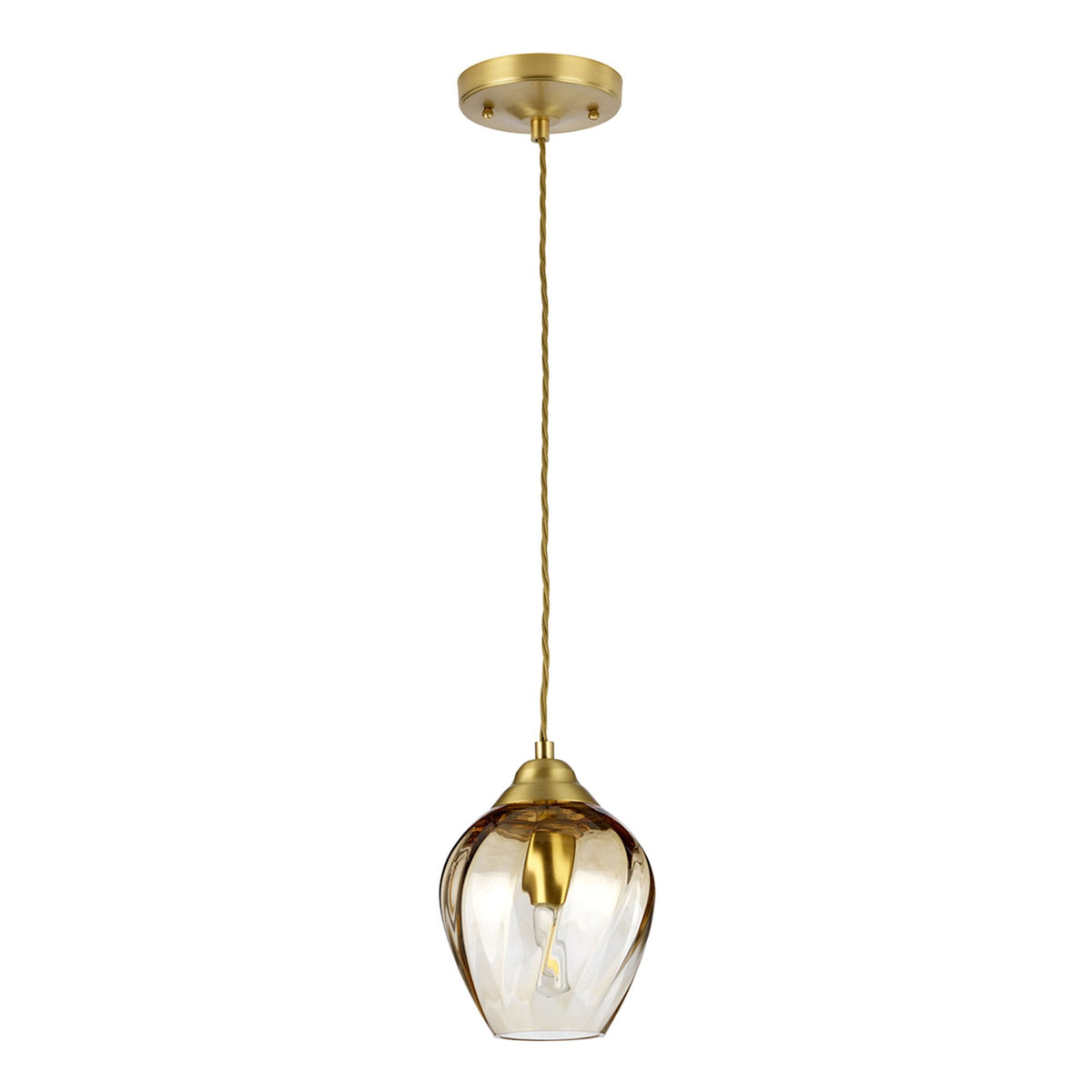 Tiber Single Pendant in Brushed Brass with Amber Glass