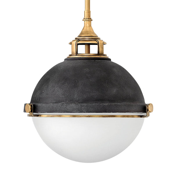 Fletcher Two Lamp Medium Pendant in Aged Zinc with Heritage Brass