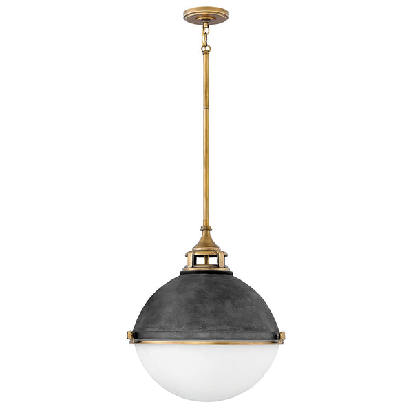 Fletcher Three Lamp Large Pendant in Aged Zinc with Heritage Brass