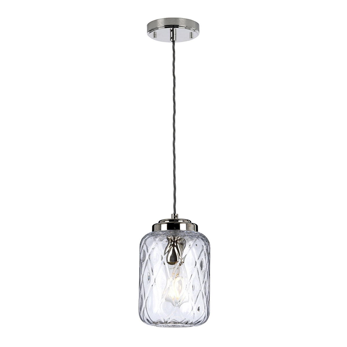 Sola Single Pendant in Polished Nickel with Diamond Patterned Clear Glass