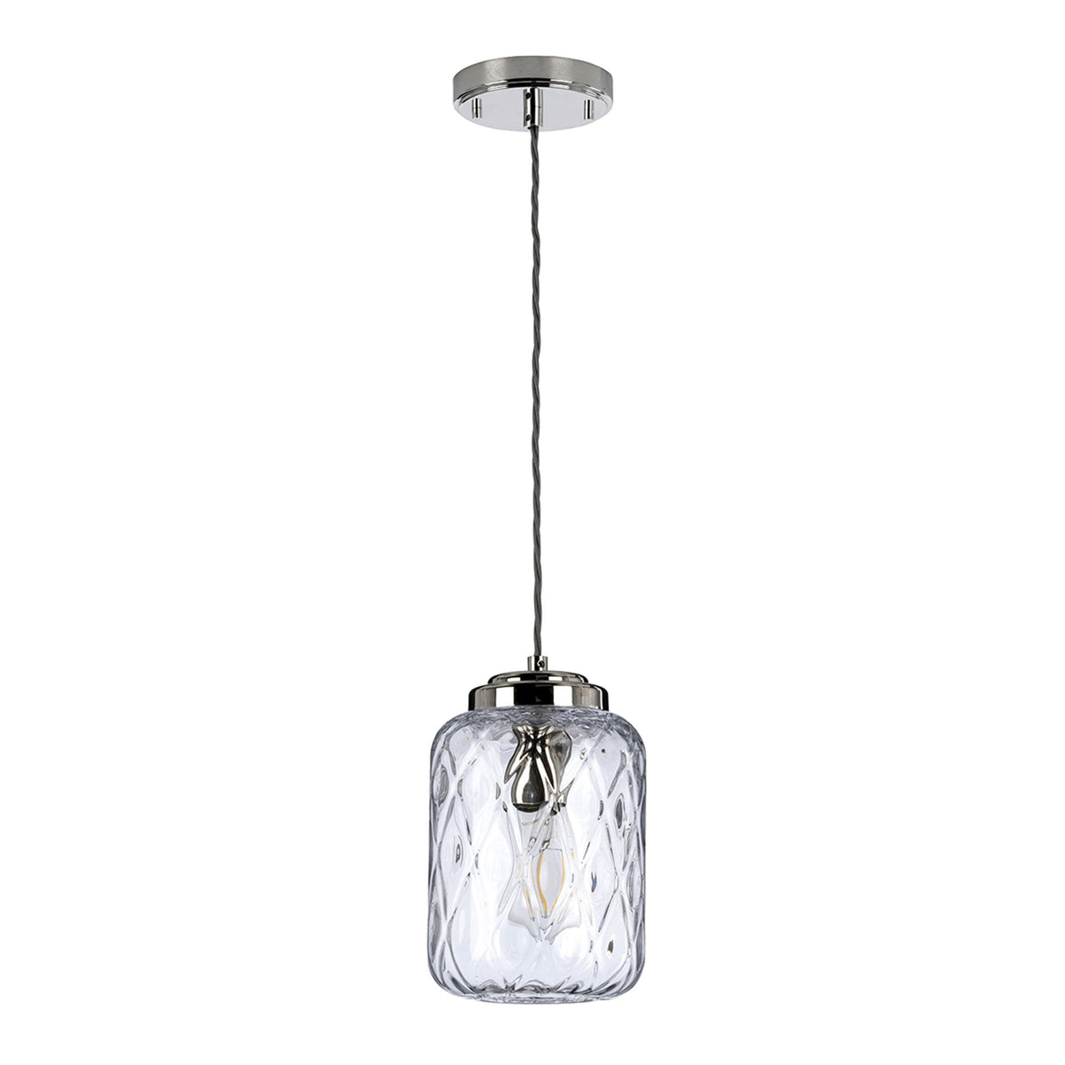 Sola Single Pendant in Polished Nickel with Diamond Patterned Clear Glass