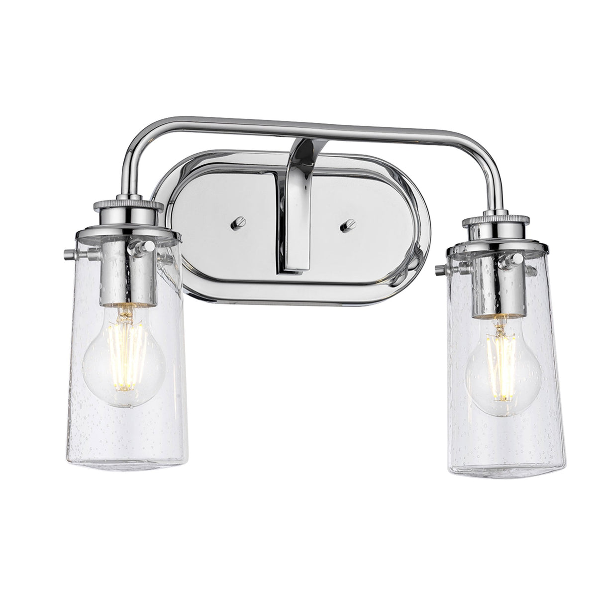 Braelyn Two Arm IP44 Wall Light in Chrome & Seedy Glass