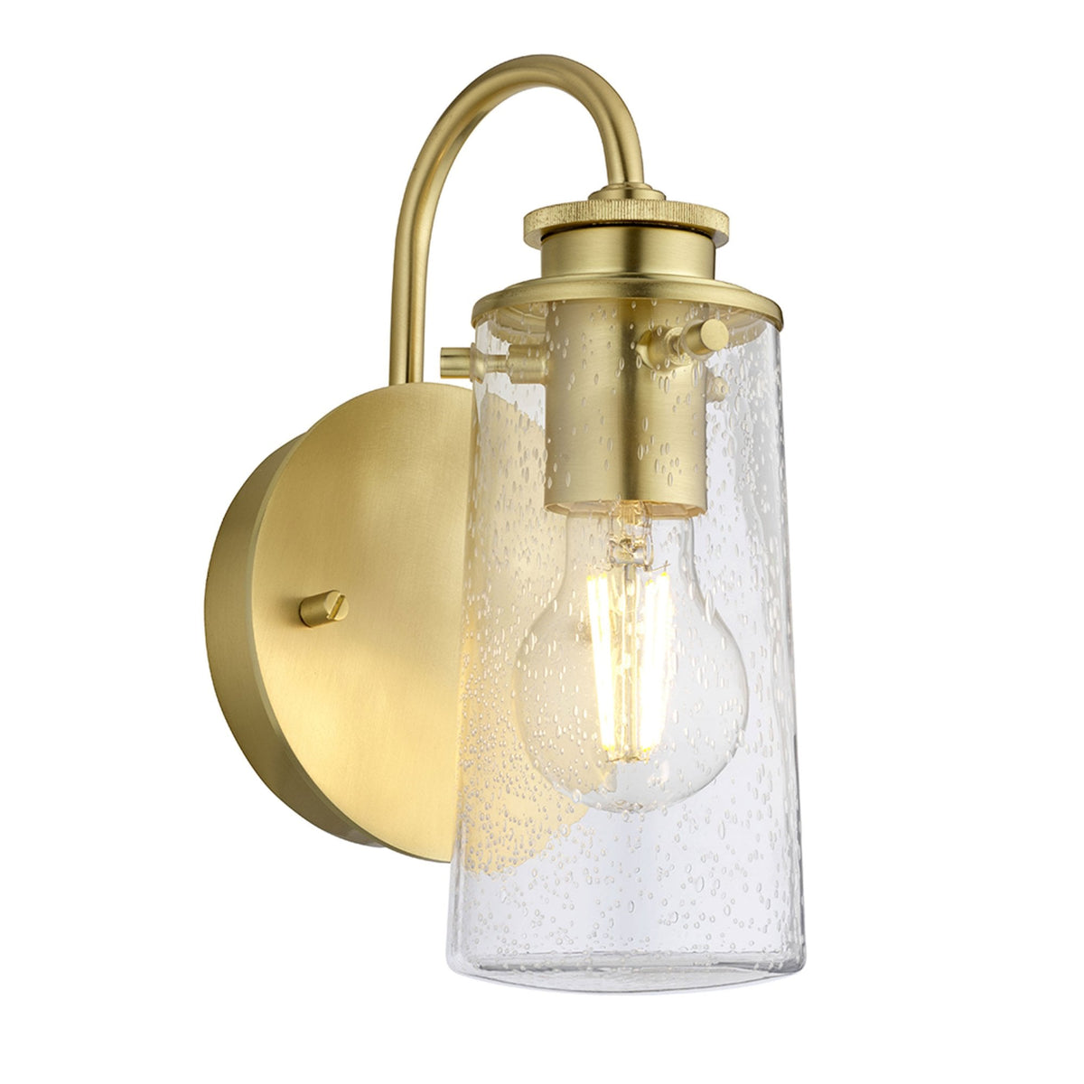 Braelyn Single Arm IP44 Wall Light in Brushed Brass & Seedy Glass
