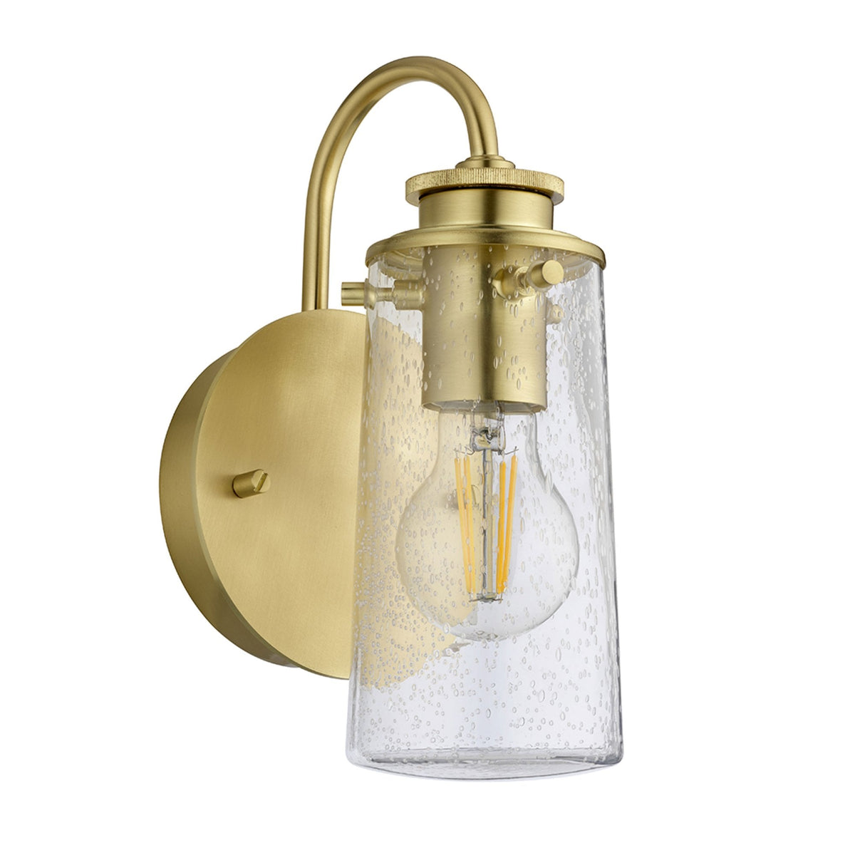 Braelyn Single Arm IP44 Wall Light in Brushed Brass & Seedy Glass