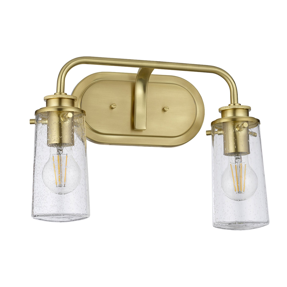 Braelyn Two Arm IP44 Wall Light in Brushed Brass & Seedy Glass