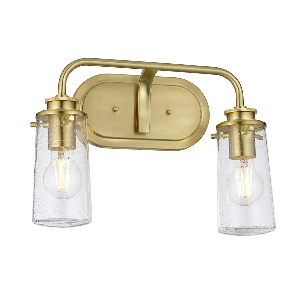 Braelyn Two Arm IP44 Wall Light in Brushed Brass & Seedy Glass