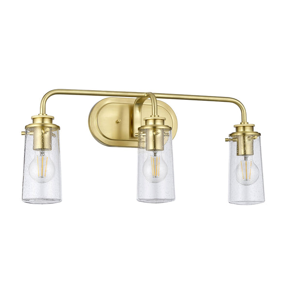 Braelyn Three Arm IP44 Wall Light in Brushed Brass & Seedy Glass