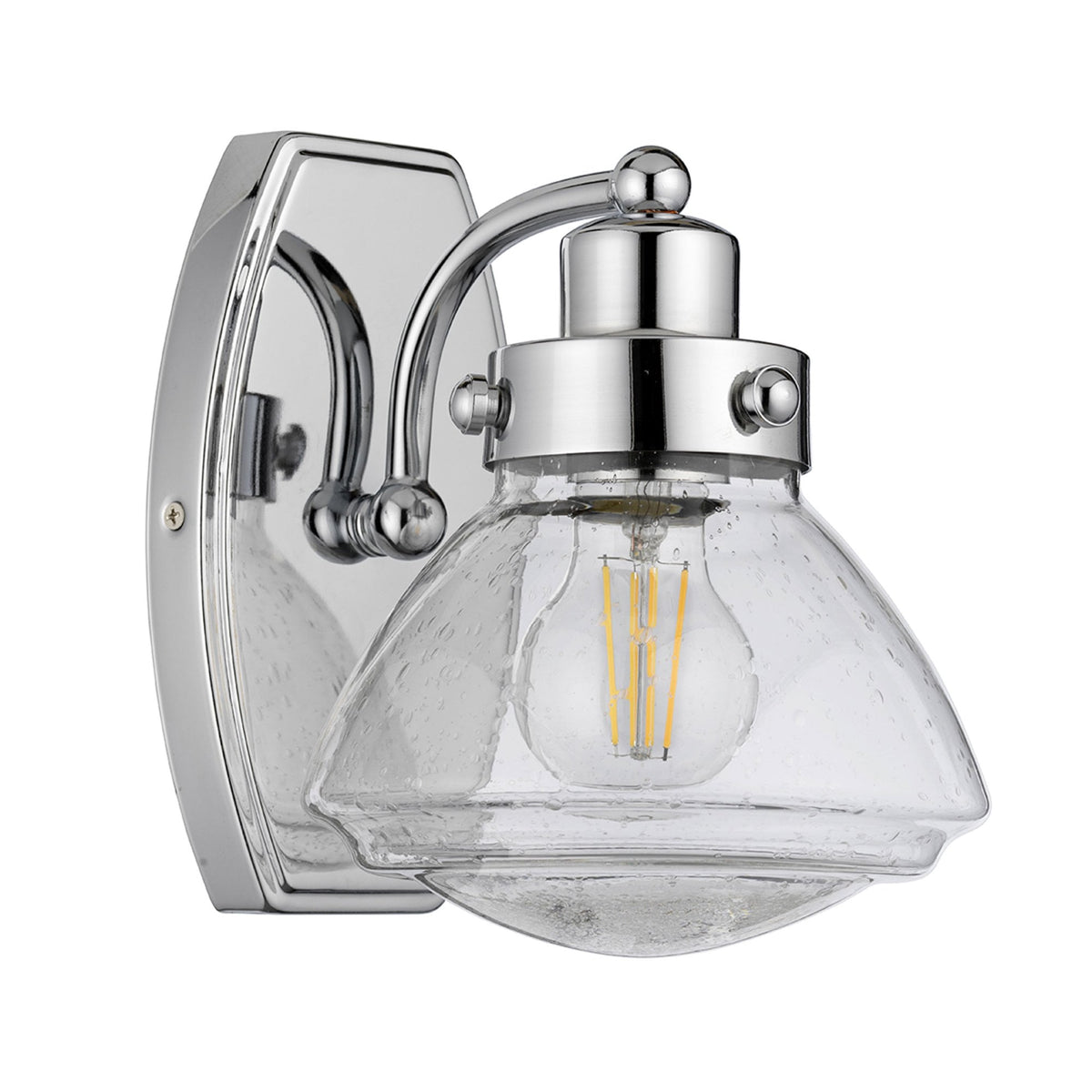Scholar Single Lamp IP44 Wall Light in Polished Chrome & Clear Seedy Glass