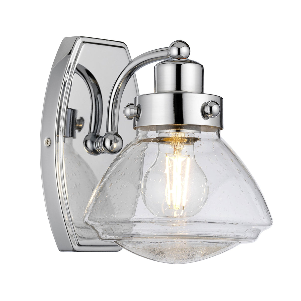 Scholar Single Lamp IP44 Wall Light in Polished Chrome & Clear Seedy Glass