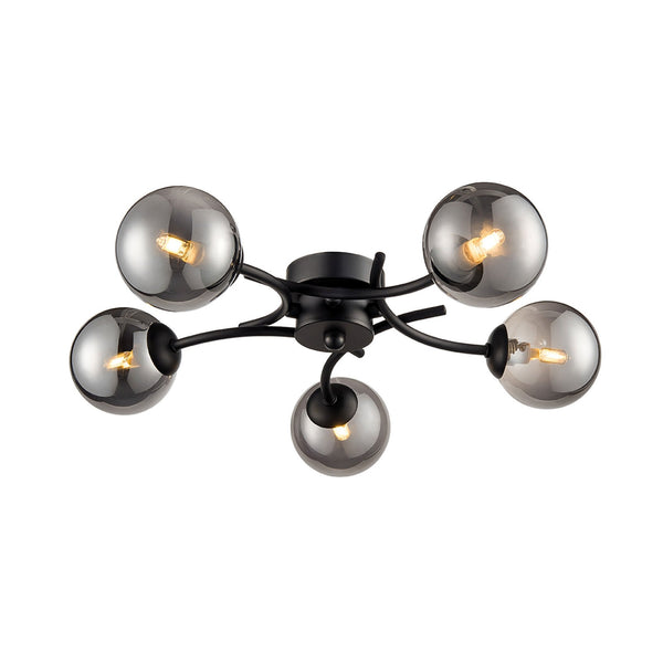 Poxwell Five Lamp Semi-Flush Ceiling Light in Matt Black & Smoked Glass