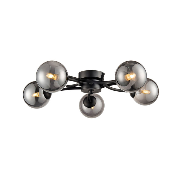 Poxwell Five Lamp Semi-Flush Ceiling Light in Matt Black & Smoked Glass