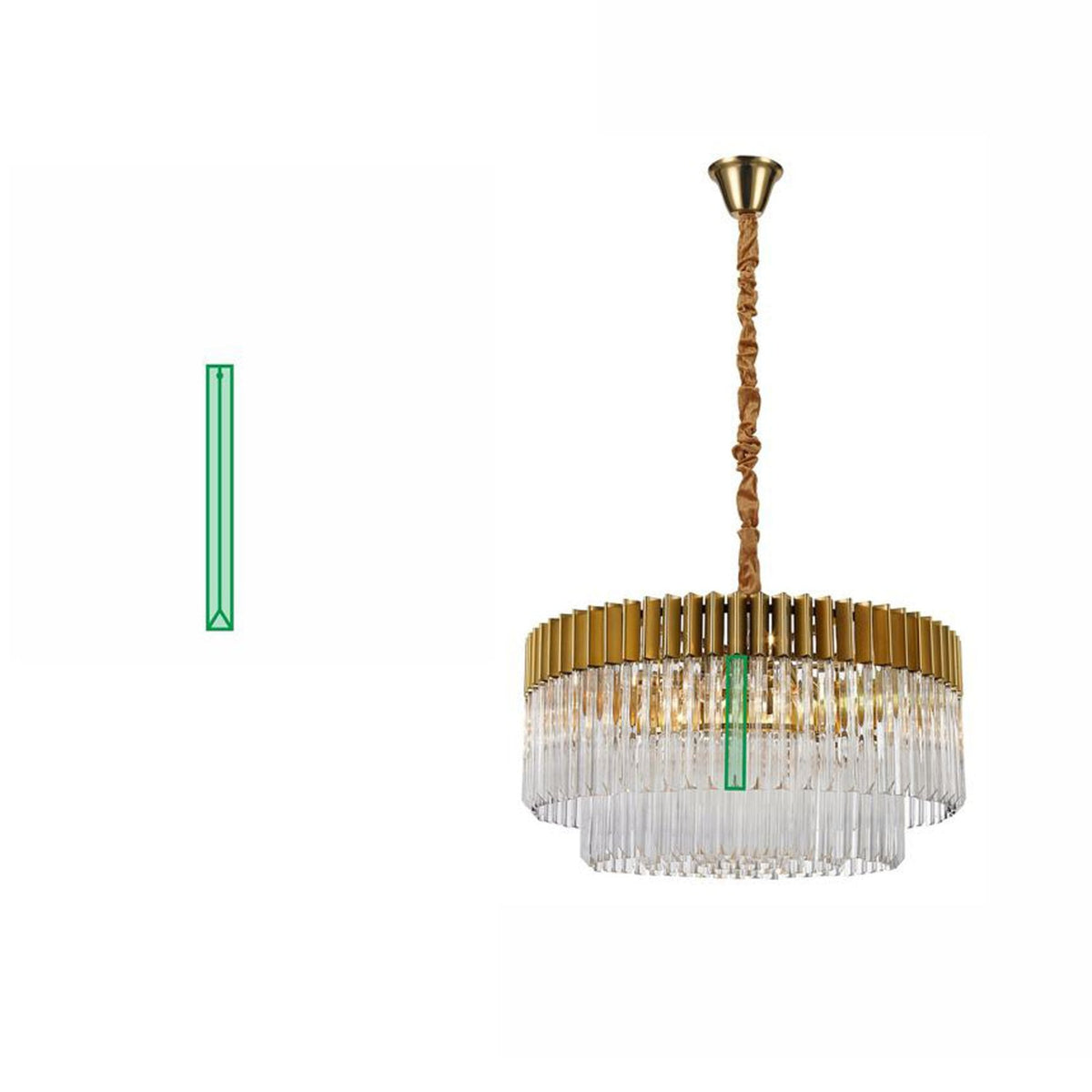 Round gold chandelier with two tiers of clear glass rods
