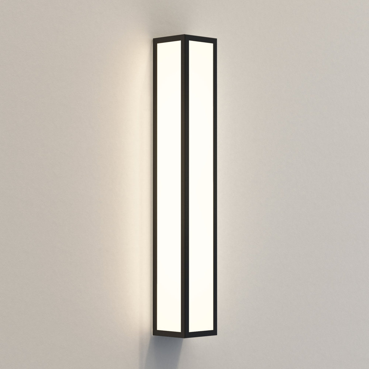 Vertical rectangular wall light with a black frame and two illuminated white panels