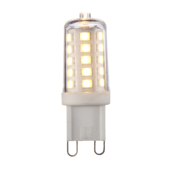 A G9 LED bulb with a clear casing and many small, illuminated square lights inside.