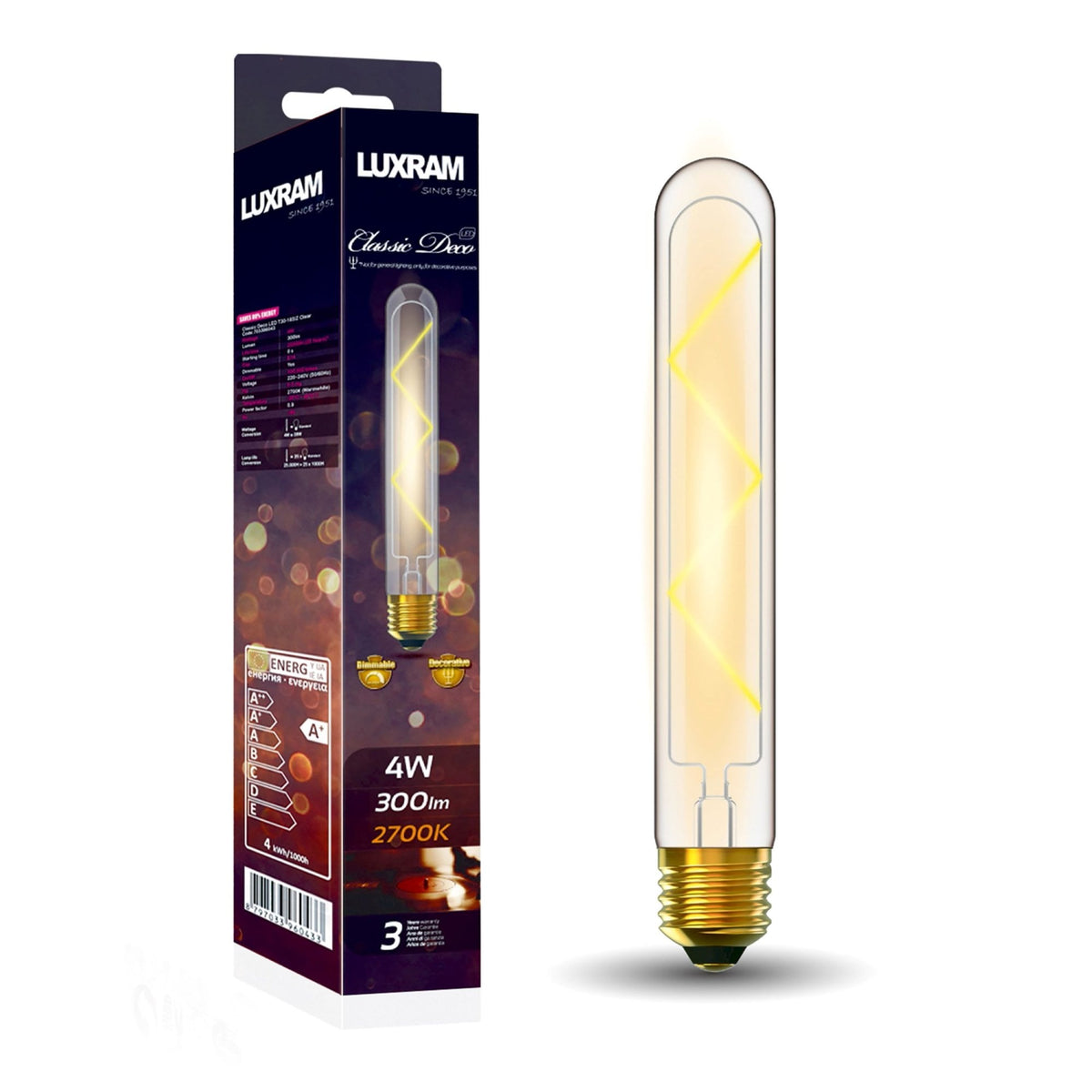 Classic Deco E27 Dimmable Warm White X Filament LED 185mm Tube 4W 2700k 300lm