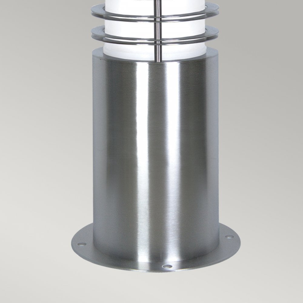 Bottom half of a modern silver stainless steel outdoor bollard light with a base plate.
