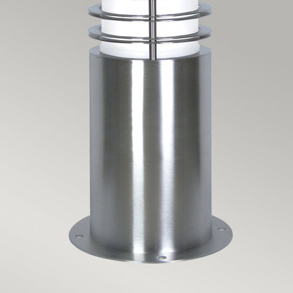 Bottom half of a modern silver stainless steel outdoor bollard light with a base plate.