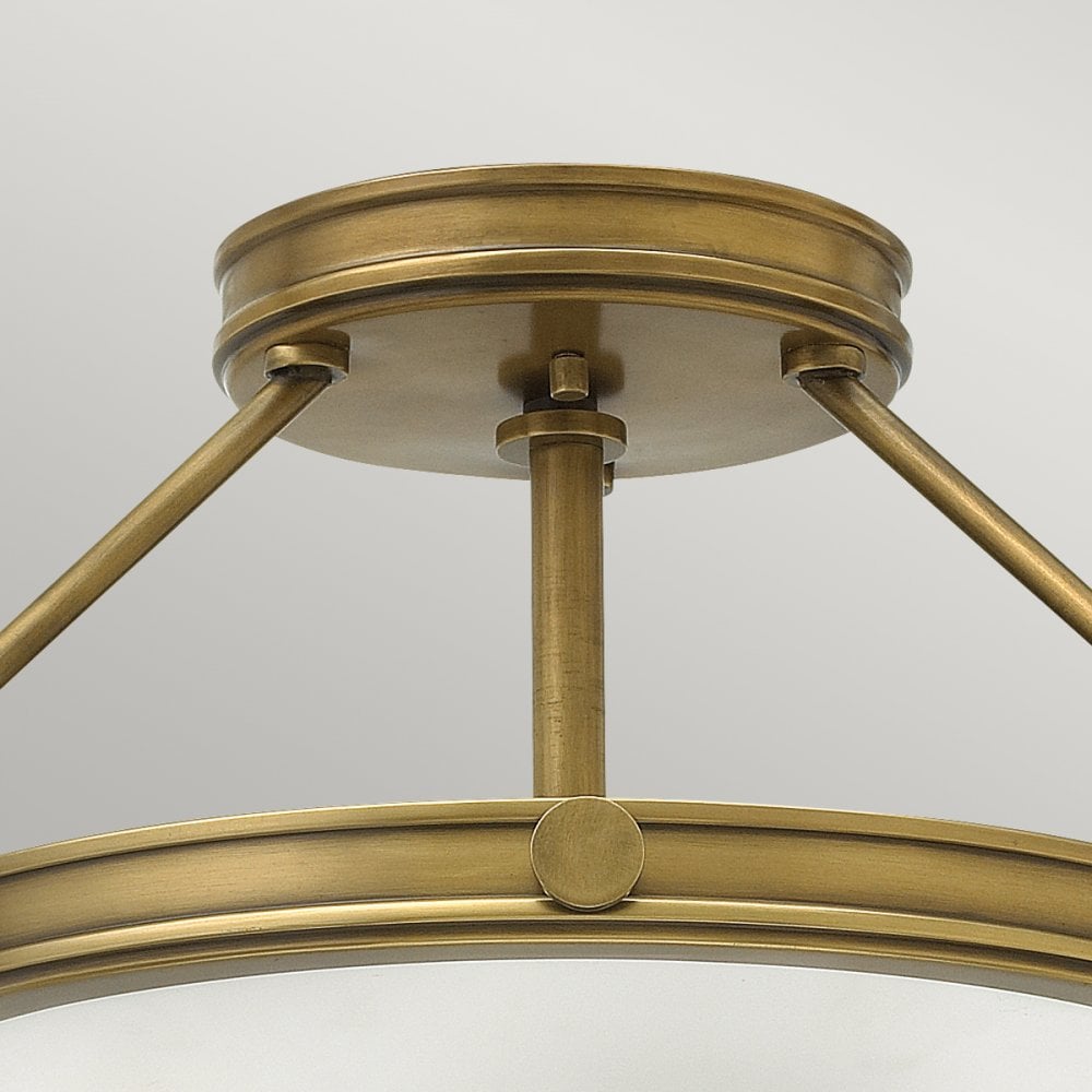 Collier Small Semi-Flush Ceiling Light in Heritage Brass with Opal Glass Diffuser