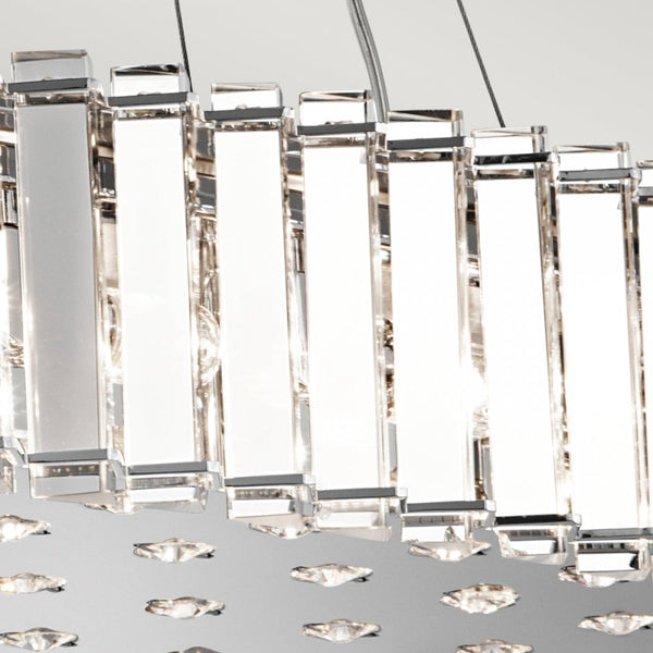 A close-up of the chandelier's rectangular crystal panels and reflective base.