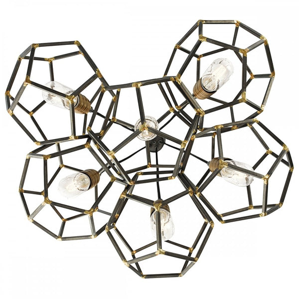 An overhead view of the cluster pendant, showcasing the five geometric cages and bulbs.