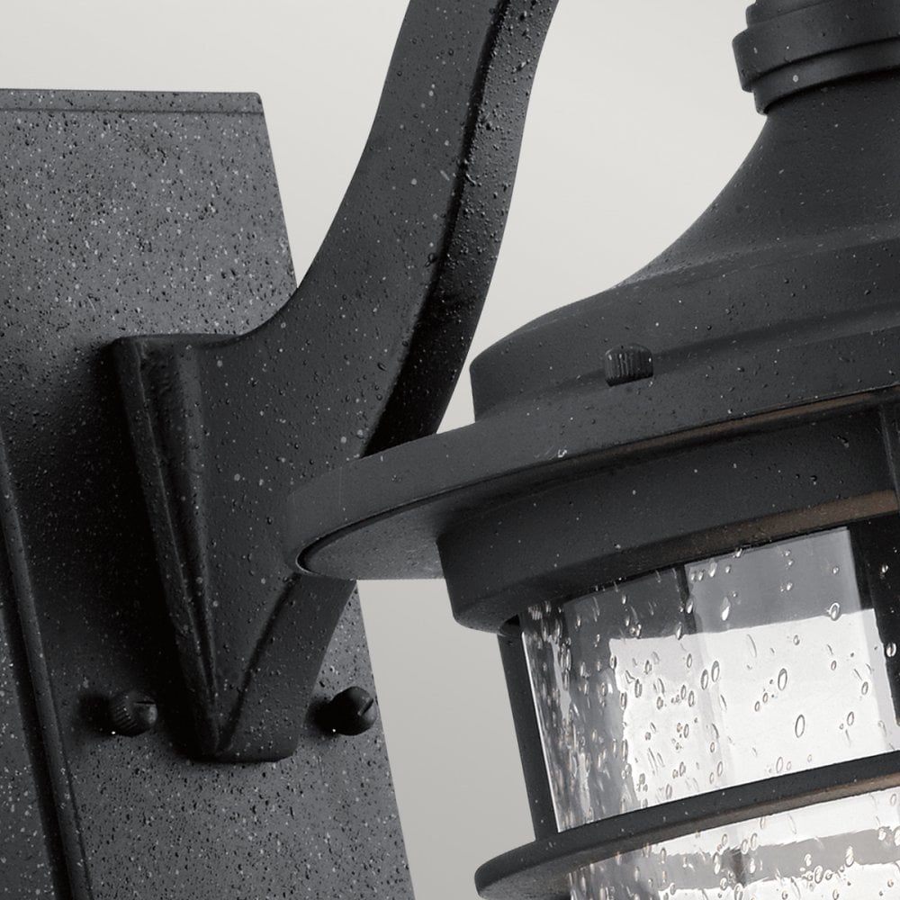 A close-up of the textured black finish on the mounting plate and arm of the light.