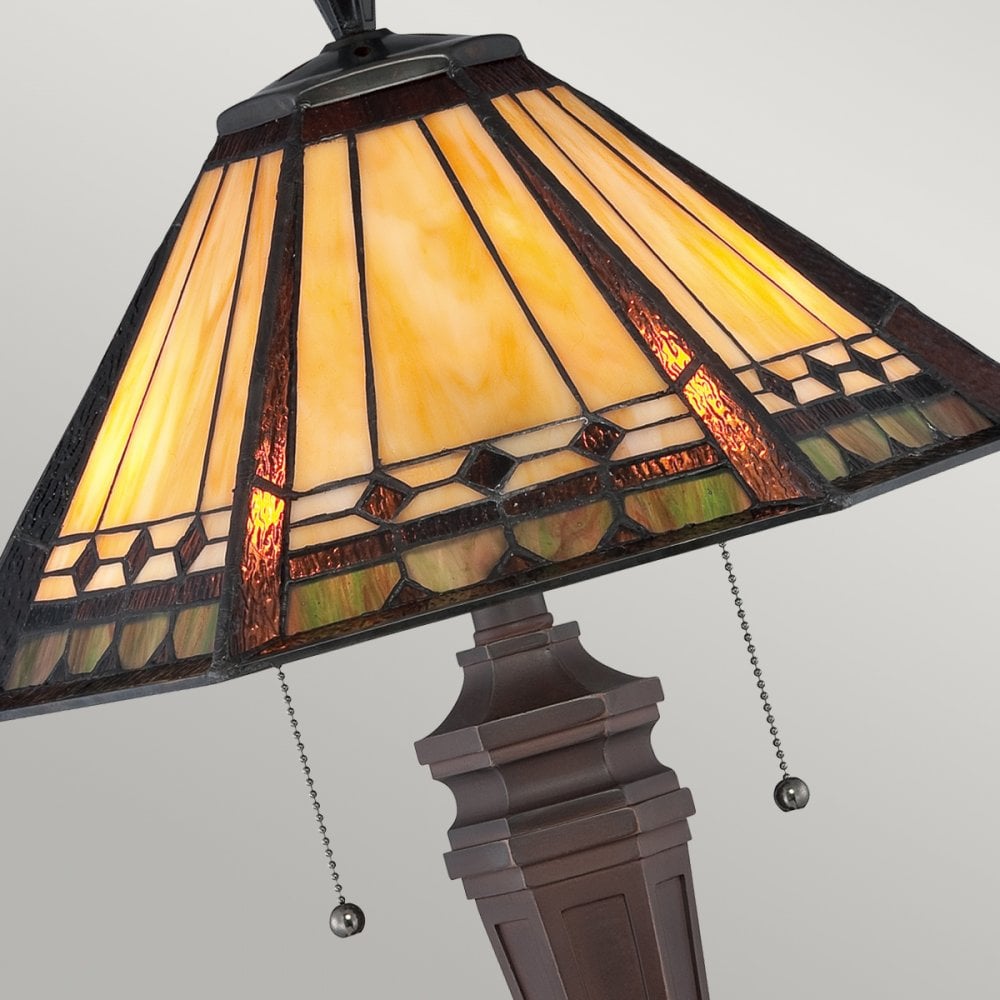 Angled view of a table lamp's stained-glass shade with warm amber and green tones.