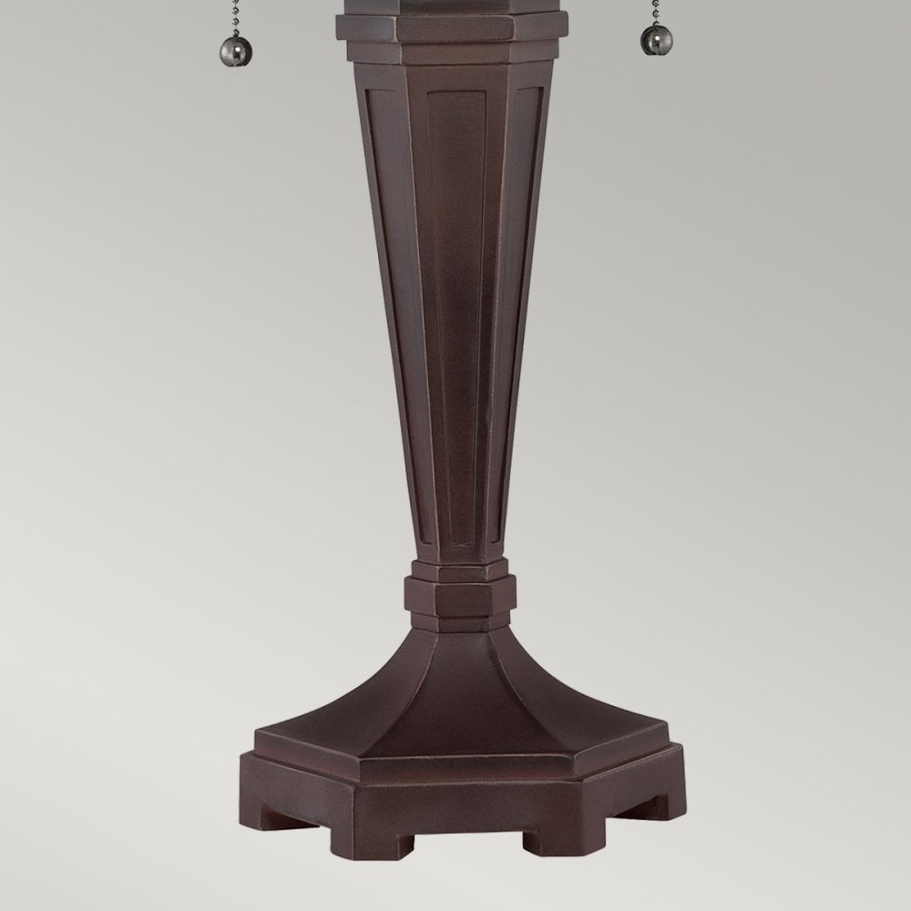 Detailed view of the dark bronze base and stem of a traditional table lamp.