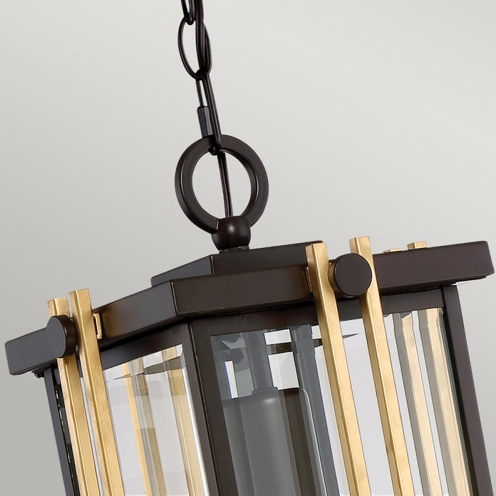 Top view of the outdoor pendant light, highlighting the chain and bronze details.