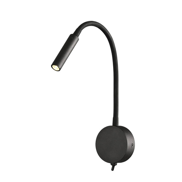 Flexible matt black LED wall light with round base.