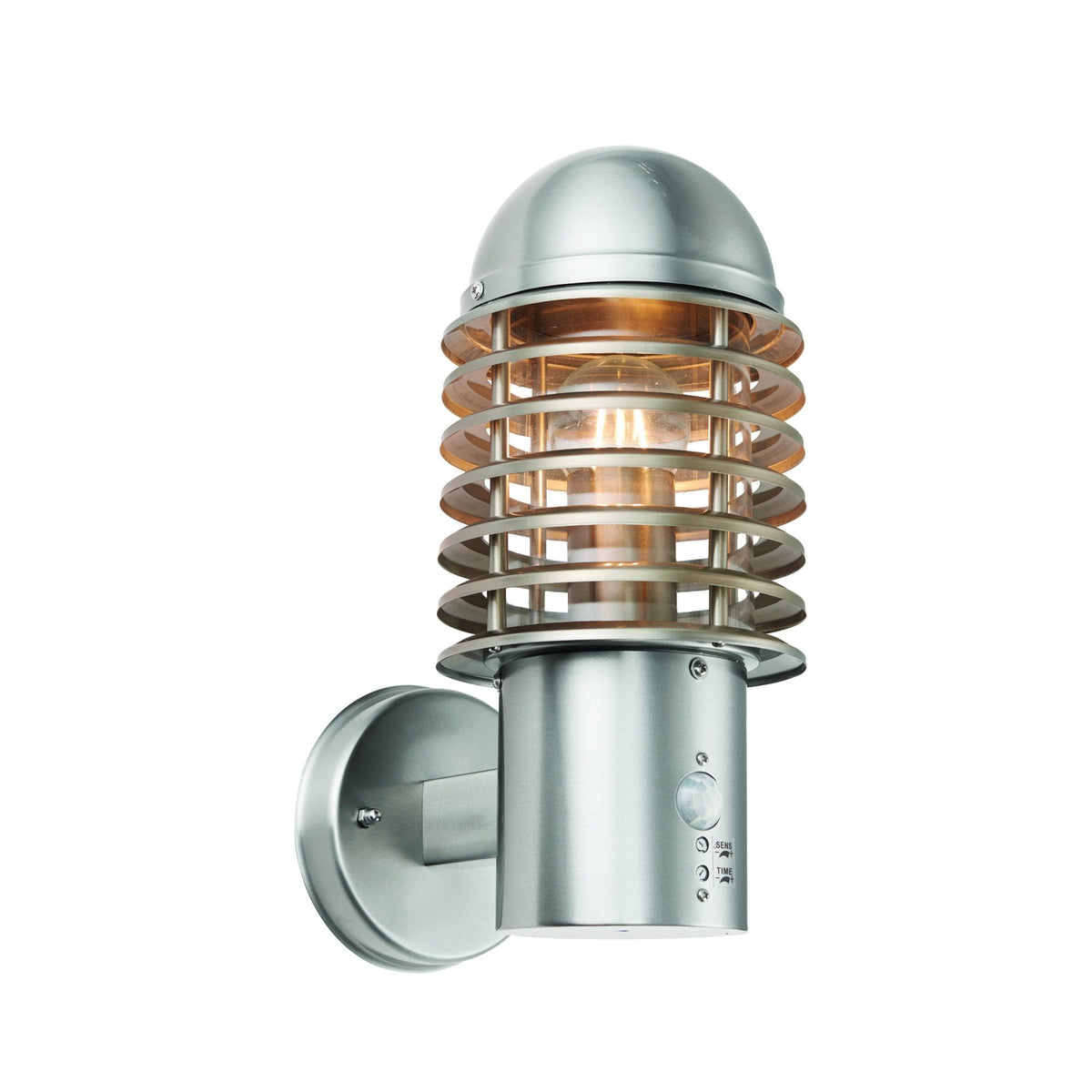 Brushed stainless steel outdoor wall light with a motion sensor on a white background.
