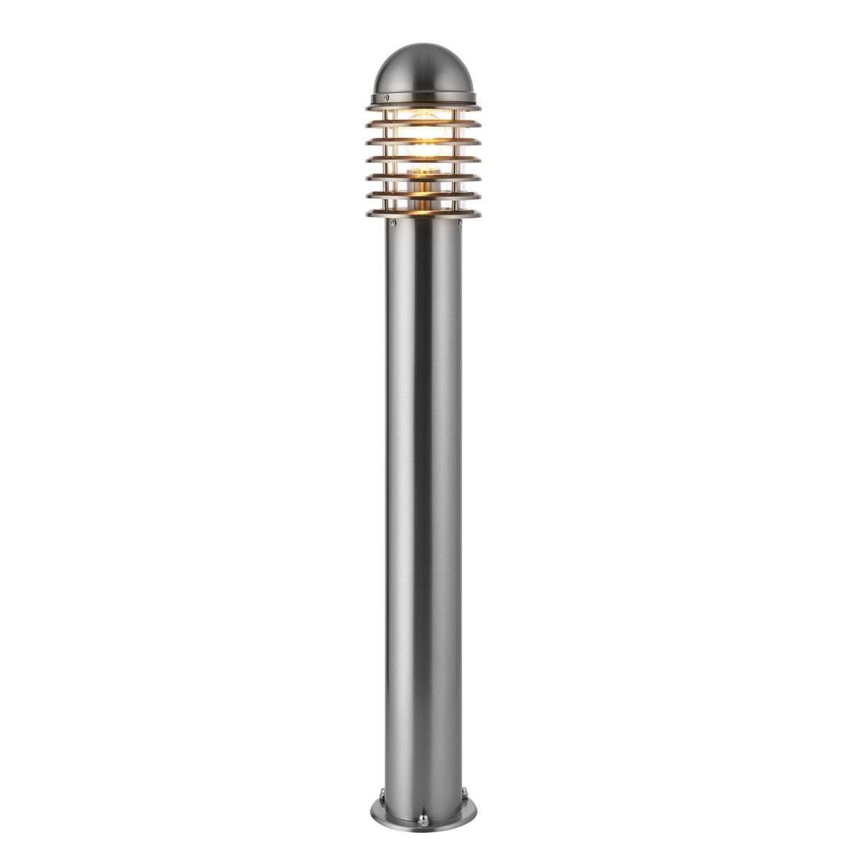 Stainless steel bollard light with a ribbed shade and warm glow, standing on a white background.