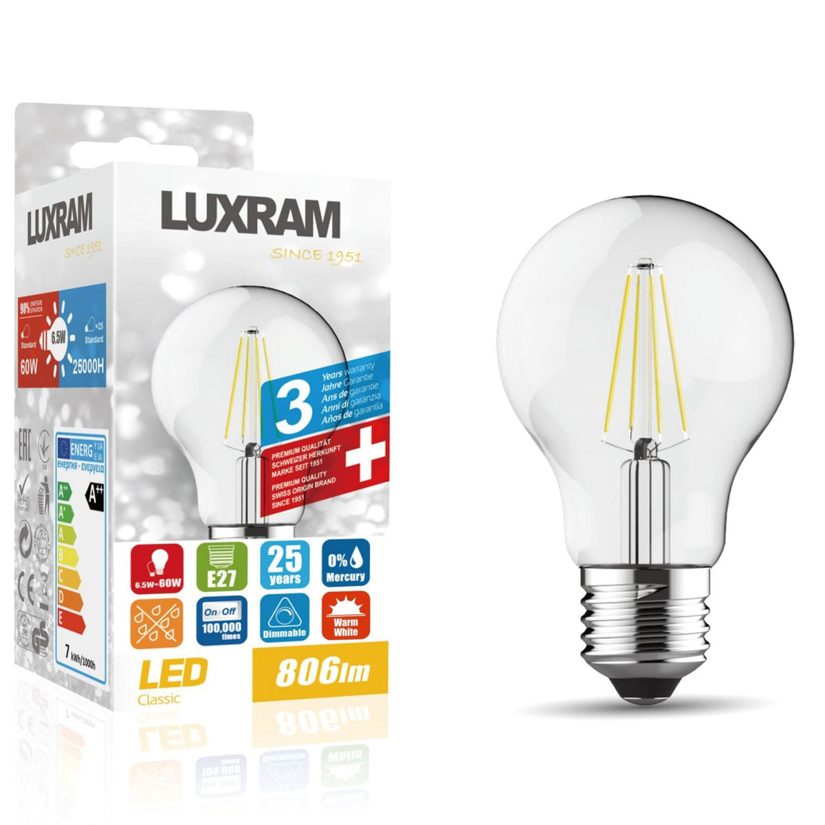 Classic E27 Dimmable Warm White LED GLS 6.5W 3000K 806lm