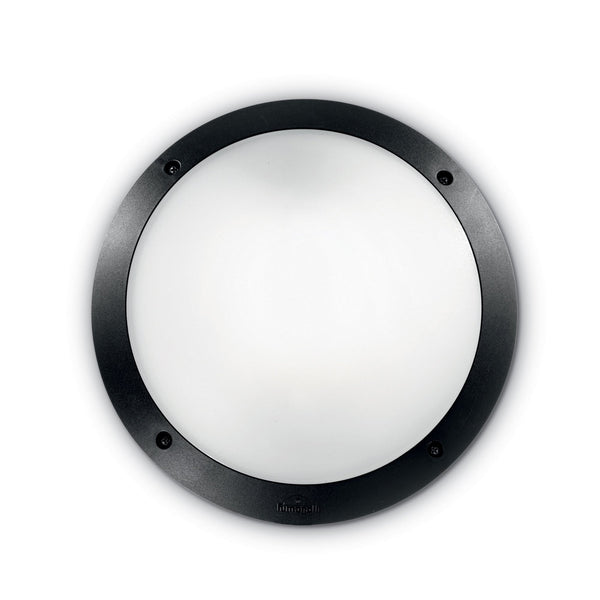 A round black-framed outdoor light with a white diffuser on a white background.