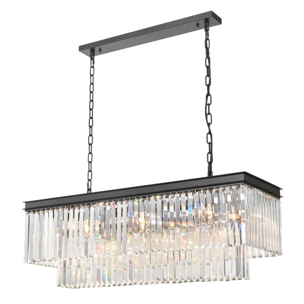 A modern black chandelier with clear rectangular crystal accents, hanging from a metal chain.