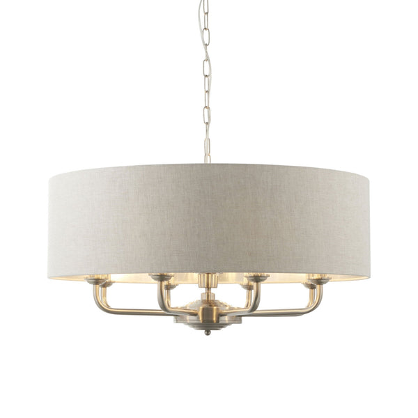 Highclere Eight Light Pendant in Brushed Chrome with Natural Shade