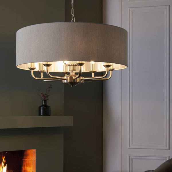 Highclere Eight Light Pendant in Brushed Chrome with Natural Shade