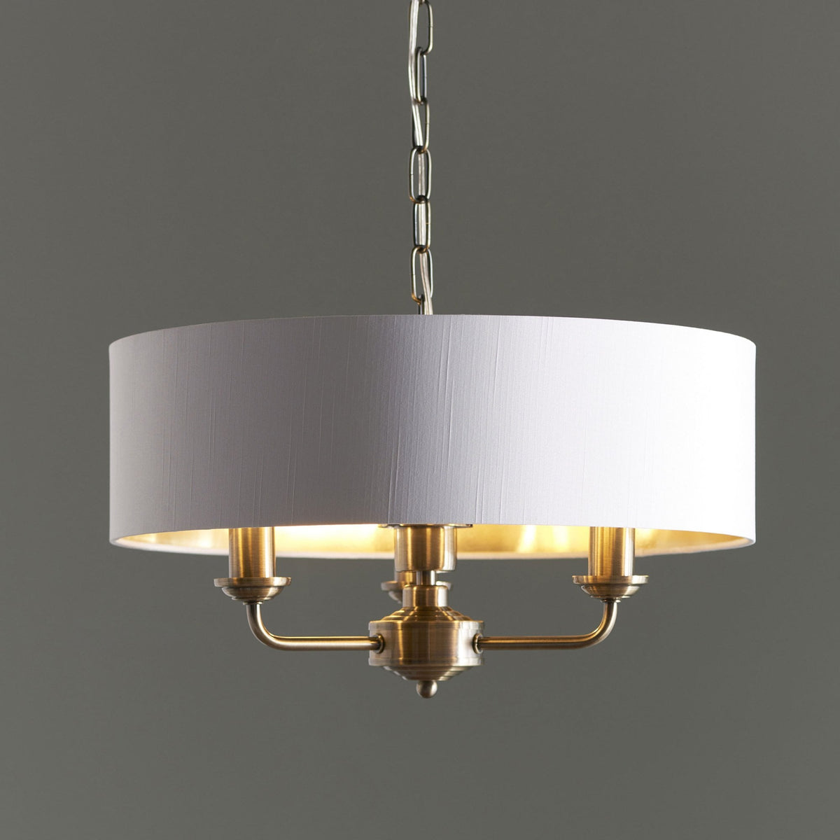 Highclere Three Light Pendant in Antique Brass with Vintage White Shade