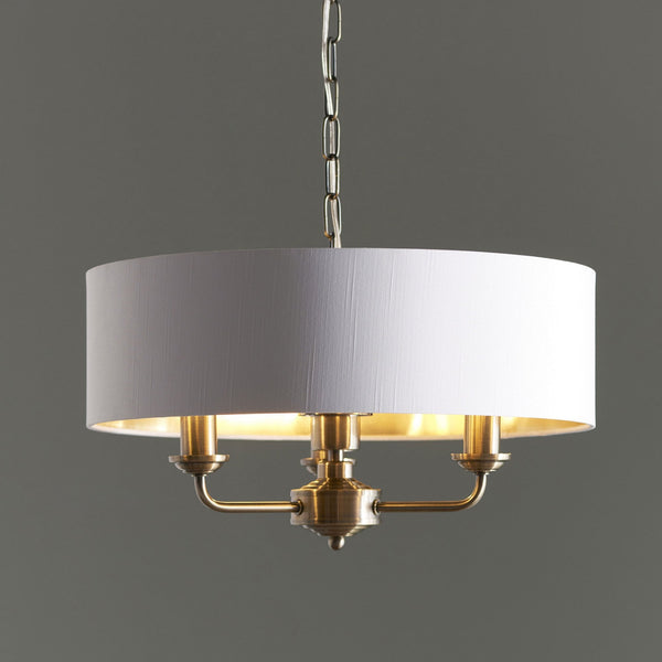 Highclere Three Light Pendant in Antique Brass with Vintage White Shade