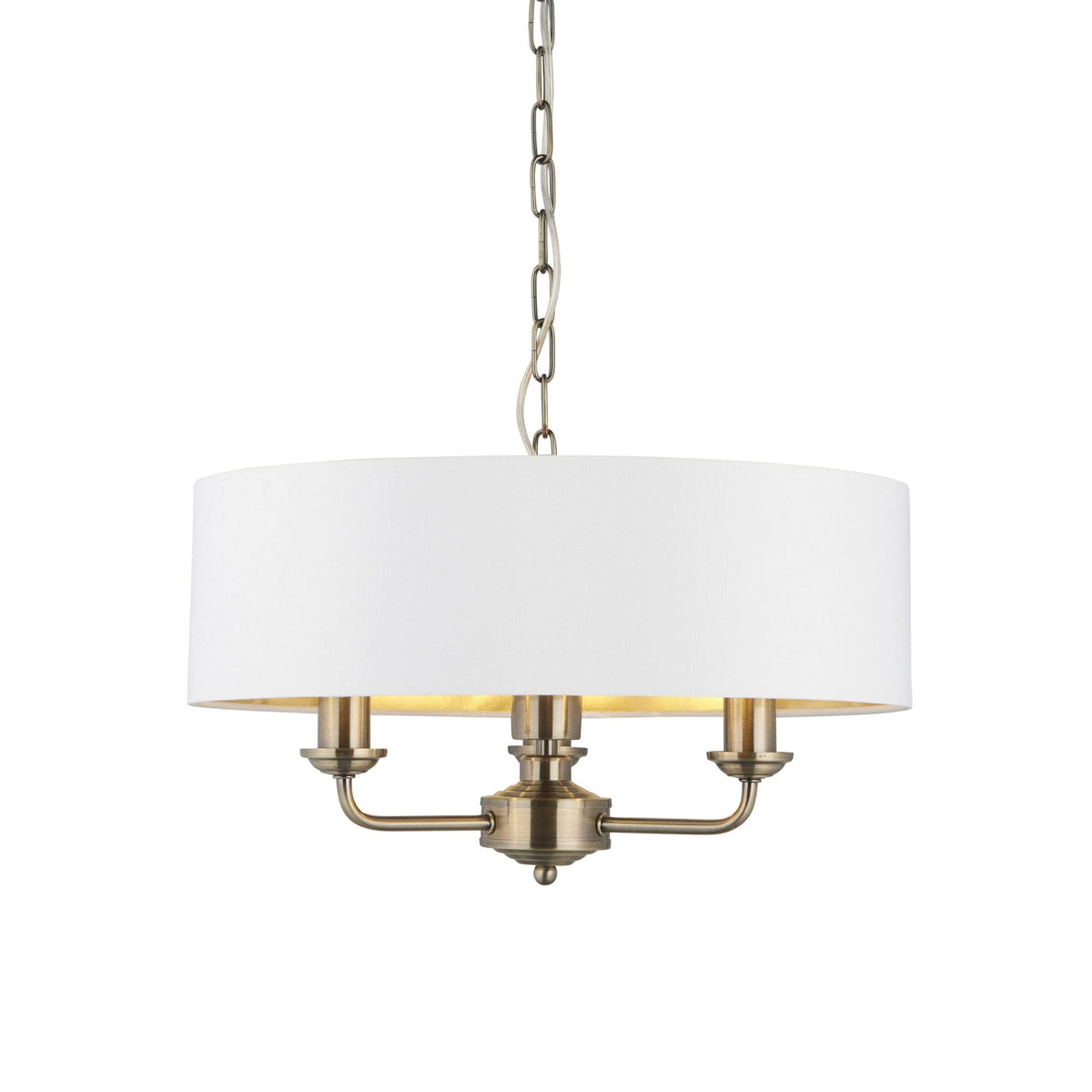 Highclere Three Light Pendant in Antique Brass with Vintage White Shade