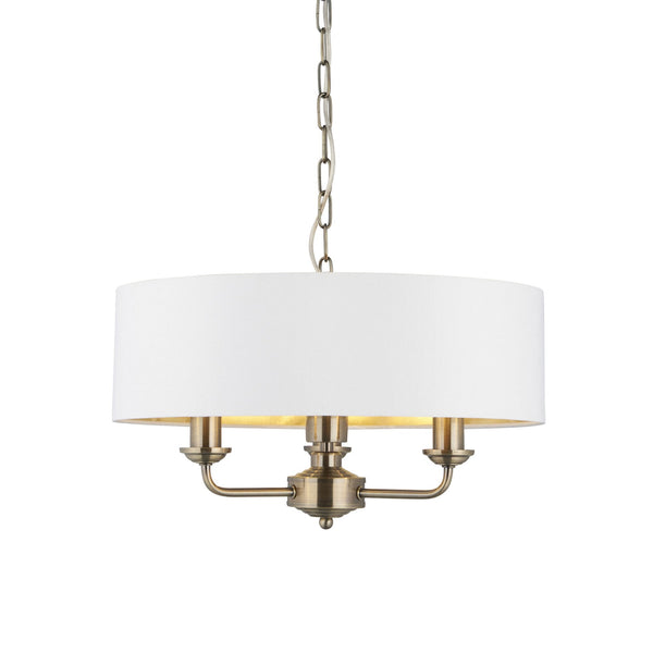 Highclere Three Light Pendant in Antique Brass with Vintage White Shade